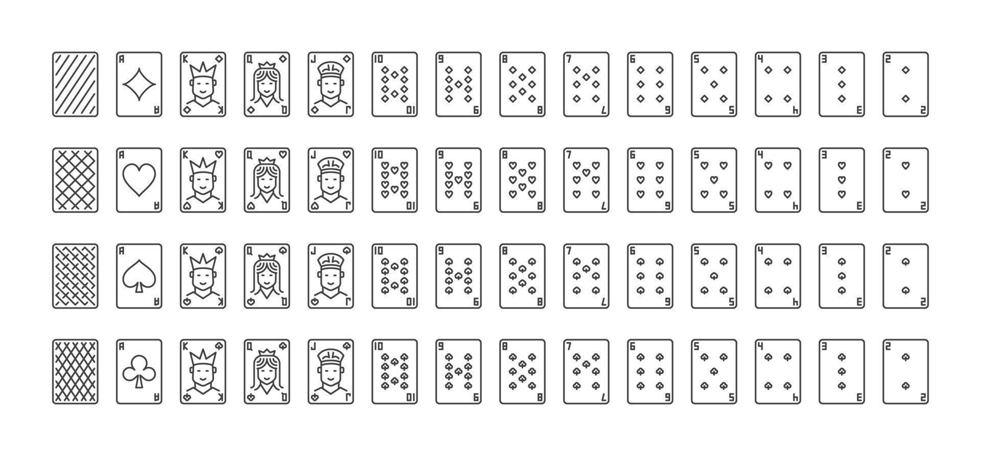 Playing Cards outline icons set - Poker Card symbols. Full deck vector