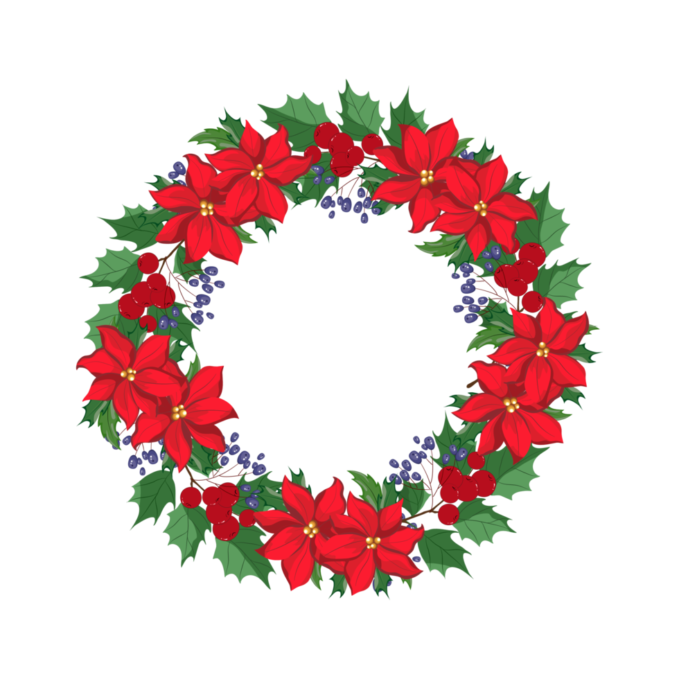 Flora and round twig wreath of red Christmas flowers, green leaves, cute small blueberry and wild red berry in Christmas season color. png