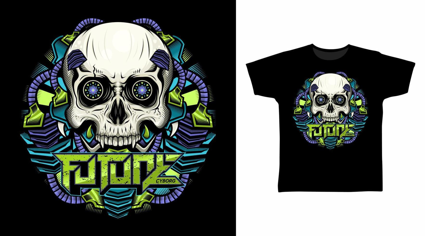 Illustration of cyborg iron skull head detailed vector t-shirt design