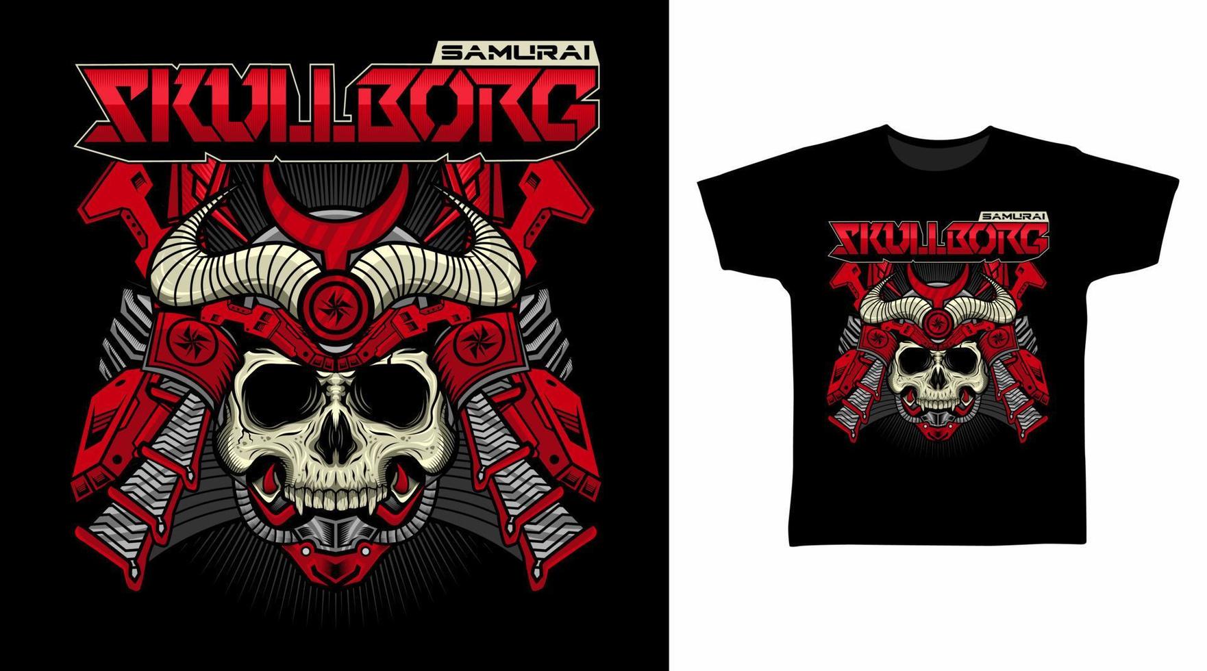 Illustration of Red Samurai Skull Cyborg with Helmet vector t-shirt design concept.