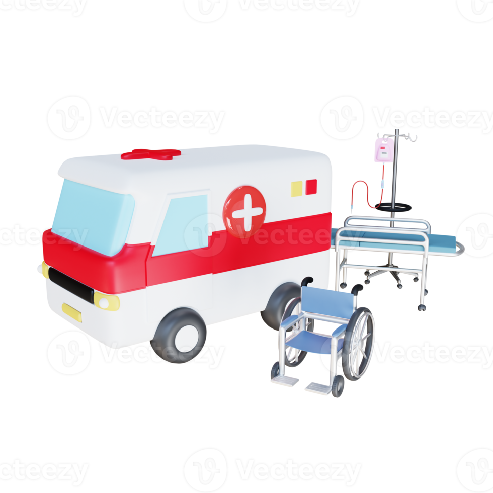 Ambulancia de coche médico de render 3d con silla de ruedas y cama de paciente png