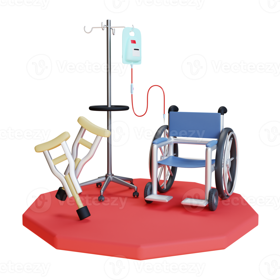 3d render hospital equipment wheelchair infusion and armpit crutches png