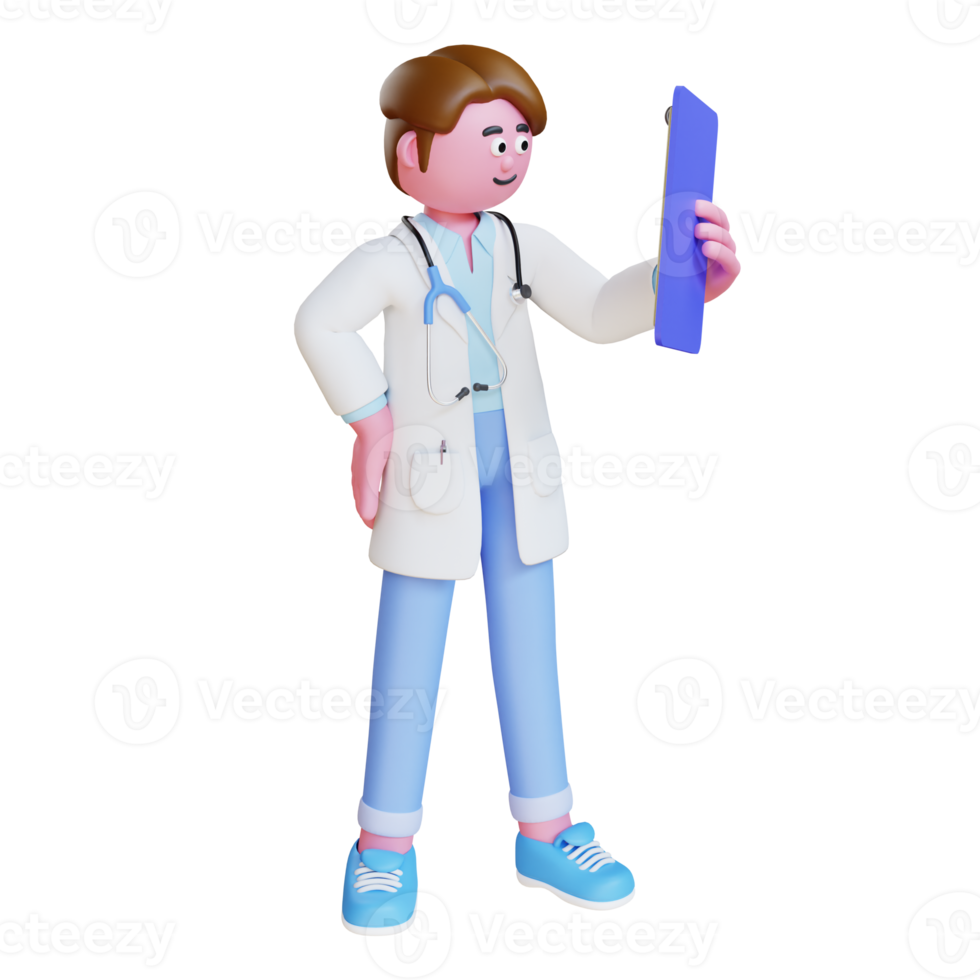 3d render doctor character looking on clipboard png