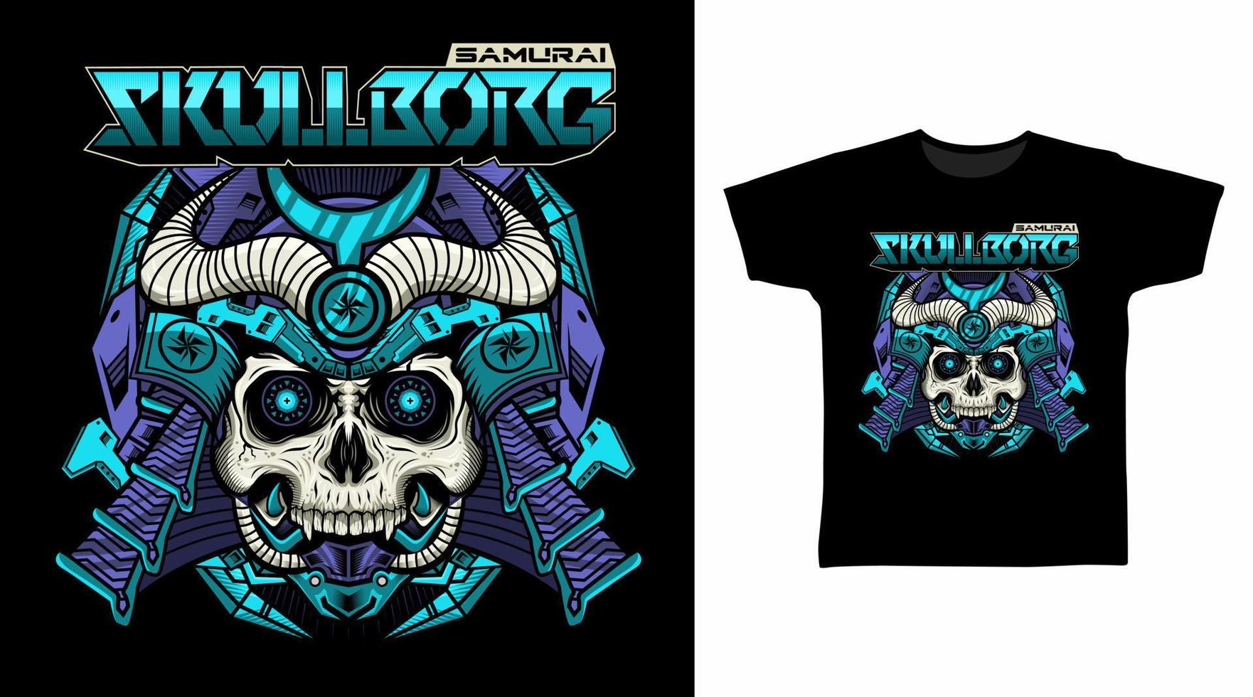 Illustration of Blue Samurai Skull Cyborg with Helmet vector t-shirt design concept.