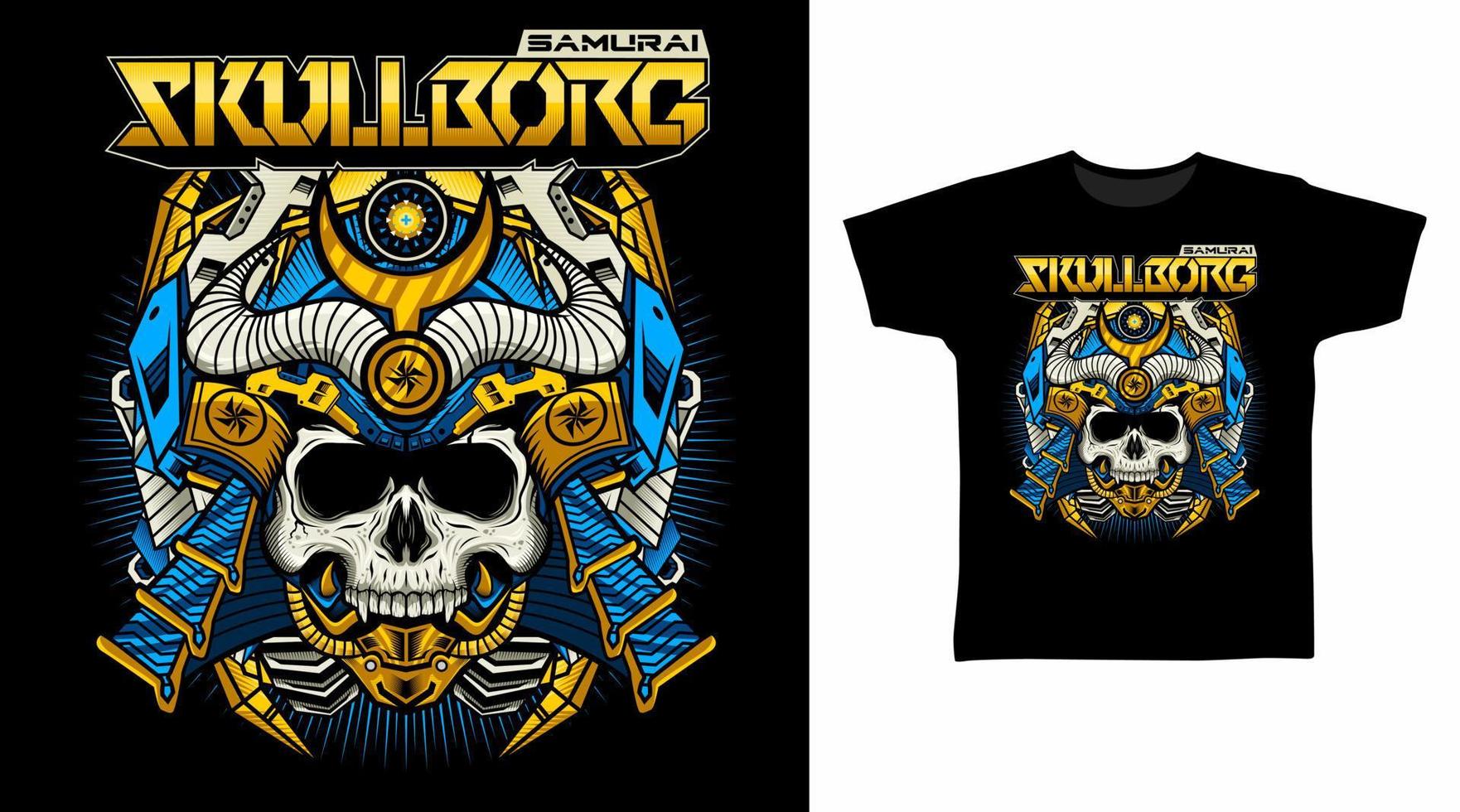 Illustration of Samurai Skull Cyborg with War Helmet vector t-shirt design concept.