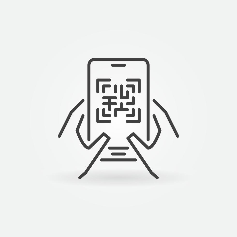 Smartphone with QR Code in Hands outline vector icon