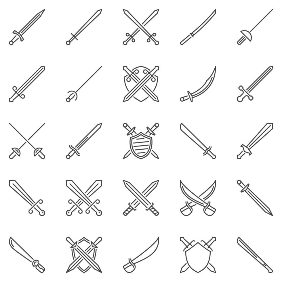 conjunto de iconos de concepto de contorno de espada. signos vectoriales de espadas cruzadas vector