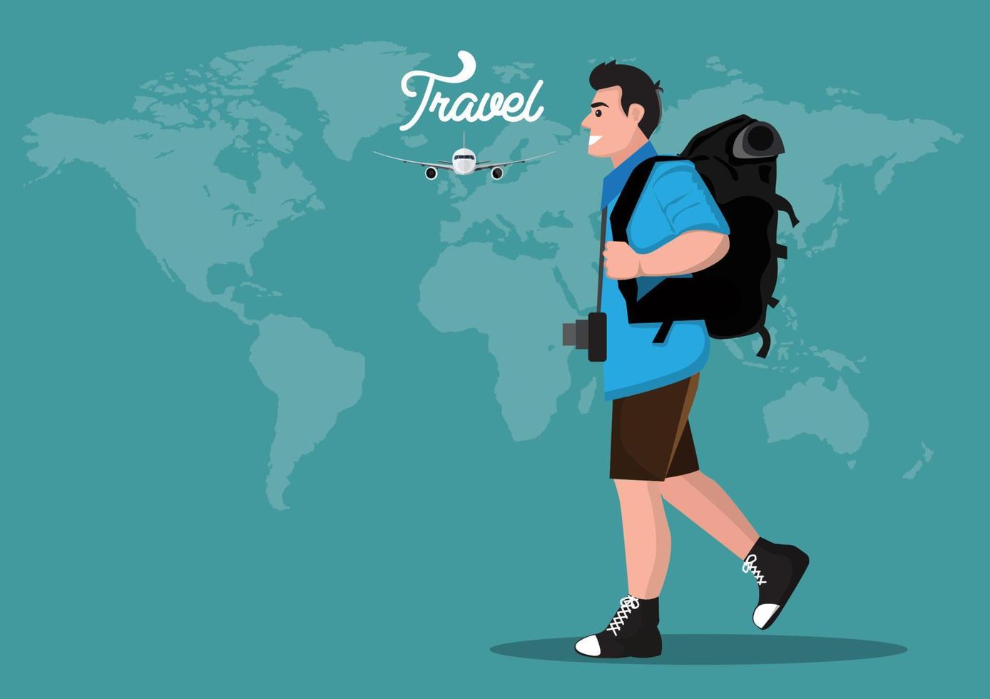 joven mochilero alrededor del mundo idea de viaje de fin de semana largo. ilustración vectorial vector