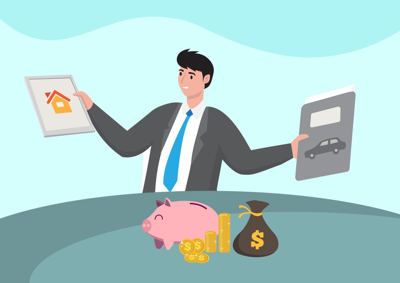 vector illustration of a man who is confused about buying a car or a house because his money is limited. financial crisis concept