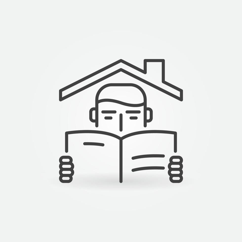 Boy Reading a Book under the House Roof vector line icon