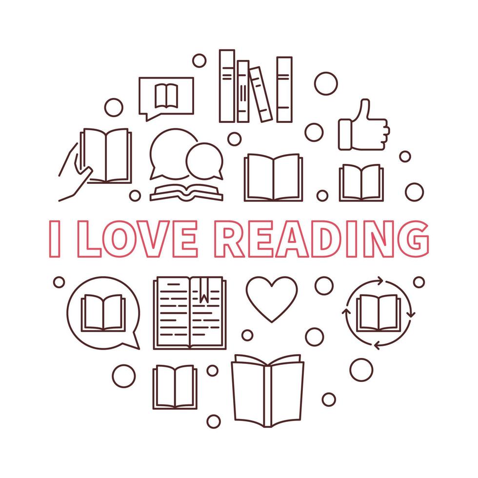 I Love Reading vector round outline concept illustration