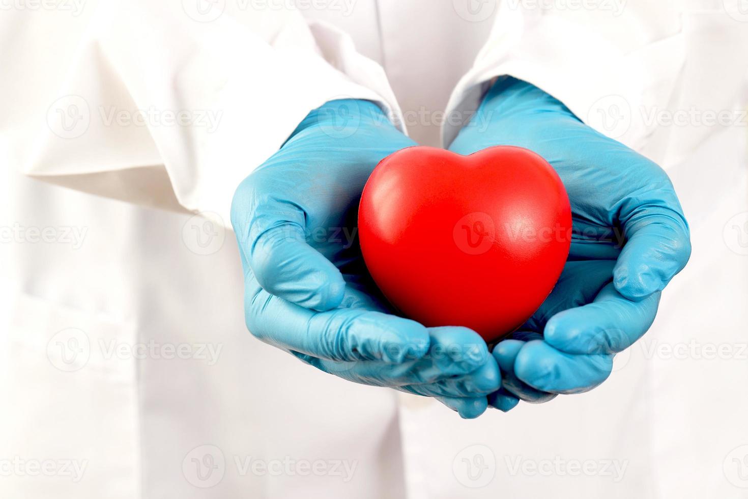 young female doctor holding a red heart standing on a white background photo