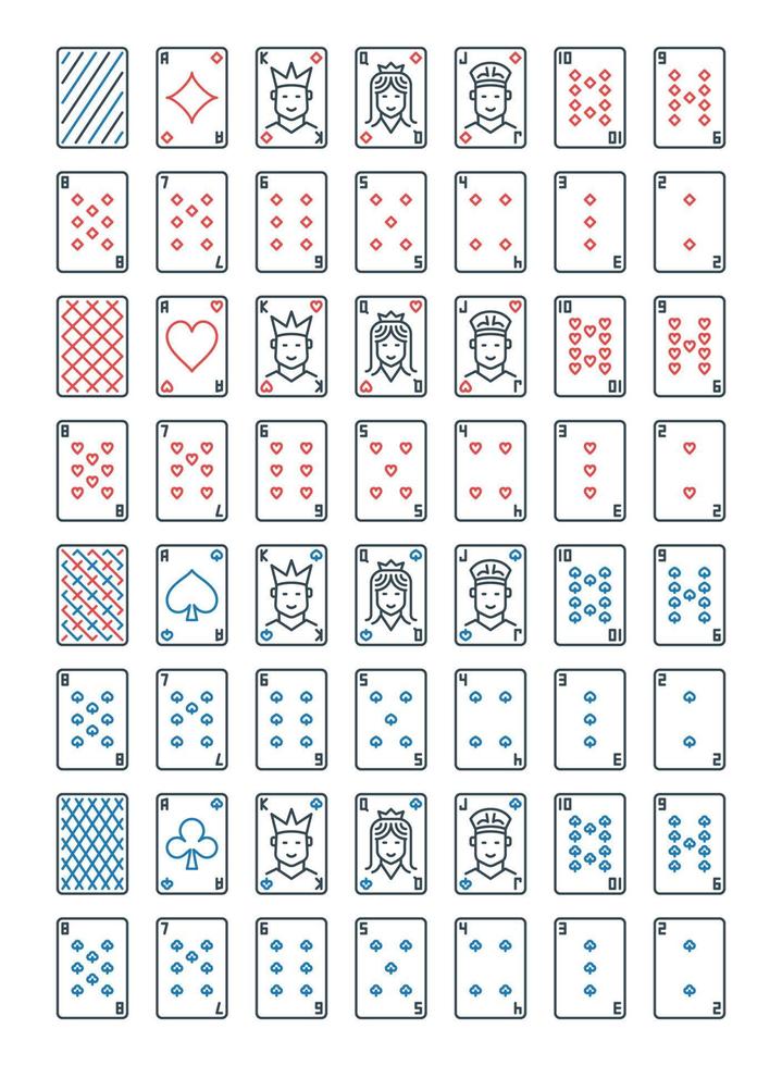 Poker Playing Cards vector line icons set. Card signs