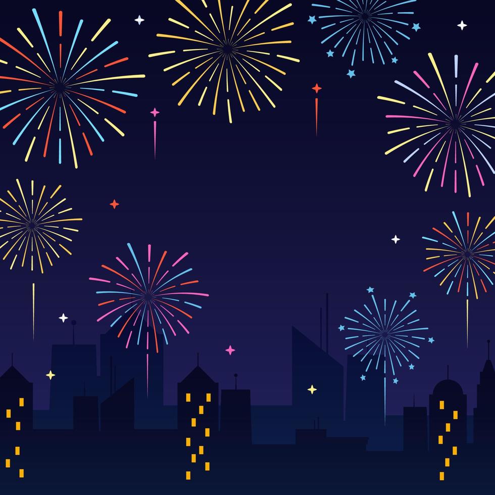 Colorful Firework Background with Cityscape Silhouette vector
