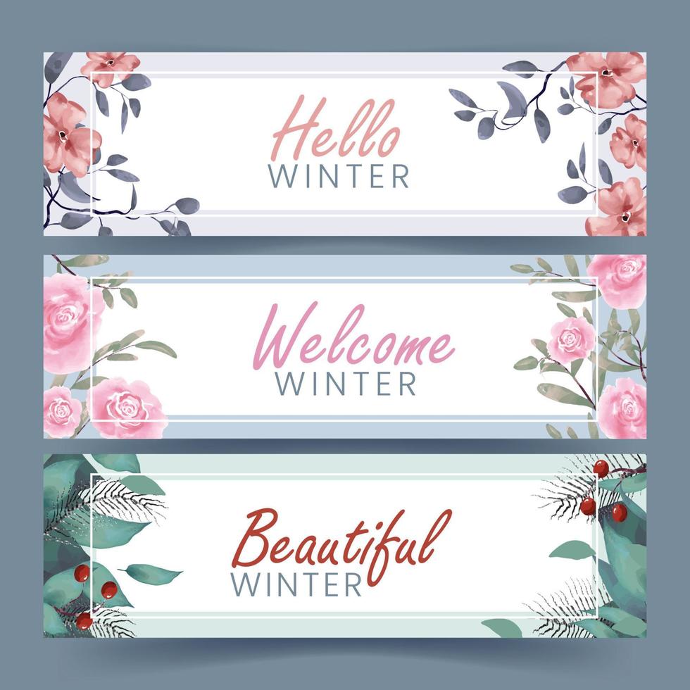 Watercolor Winter Flower Greeting Banner vector