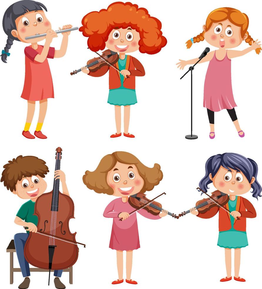 conjunto de diferentes niños tocando música vector