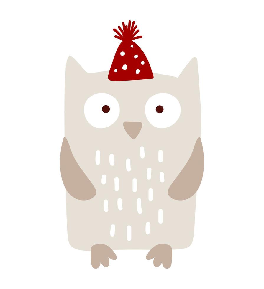 Cute vector little owl in wintercap. Handdrawn doodle sketch illustration in Scandinavian style. Cool for nursery t-shirt, kids apparel, invitation