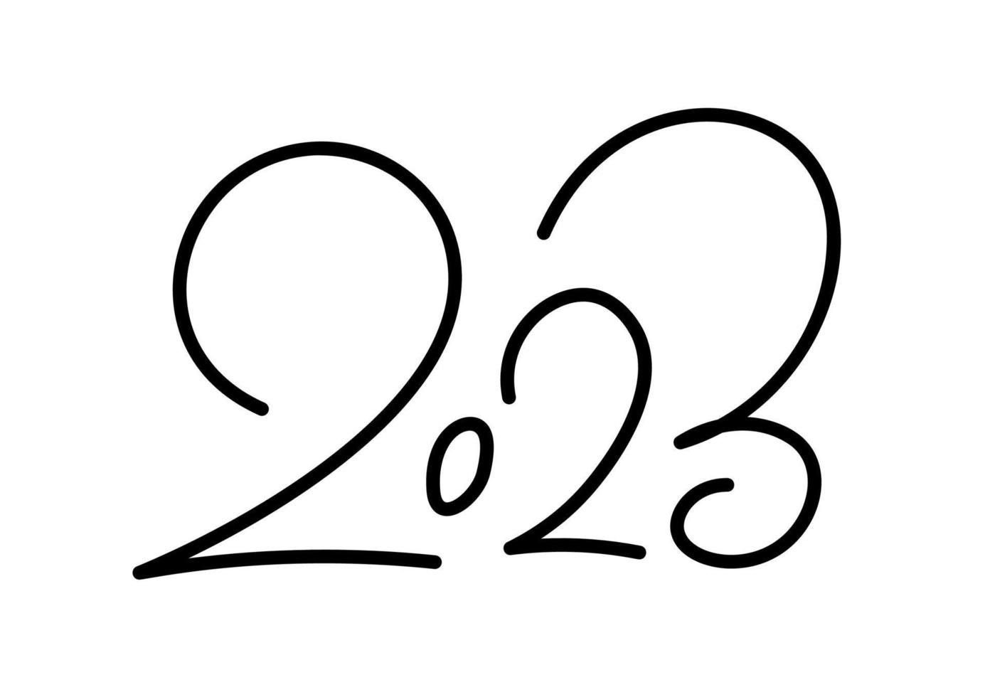Hand drawn vector lettering calligraphy black number text 2023. Happy New Year greeting card. Vintage Christmas illustration design