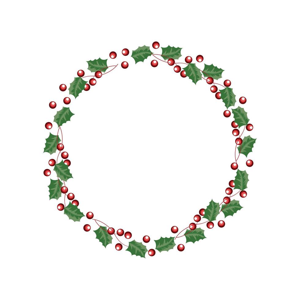 Flora and round twig wreath of green leaves and wild red berry in Christmas season color, flat vector image.