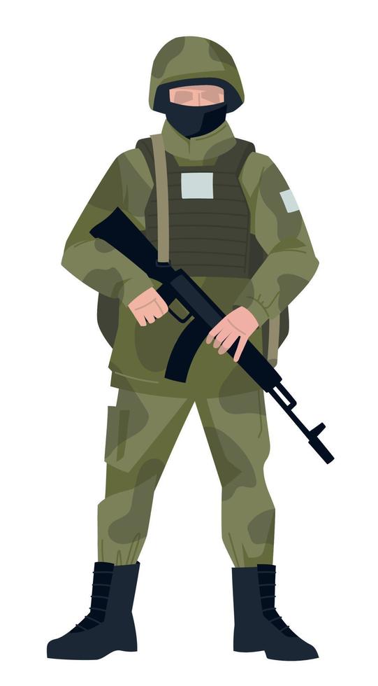 Soldier in combat gear. A man in military uniform with a gun. Vector image.