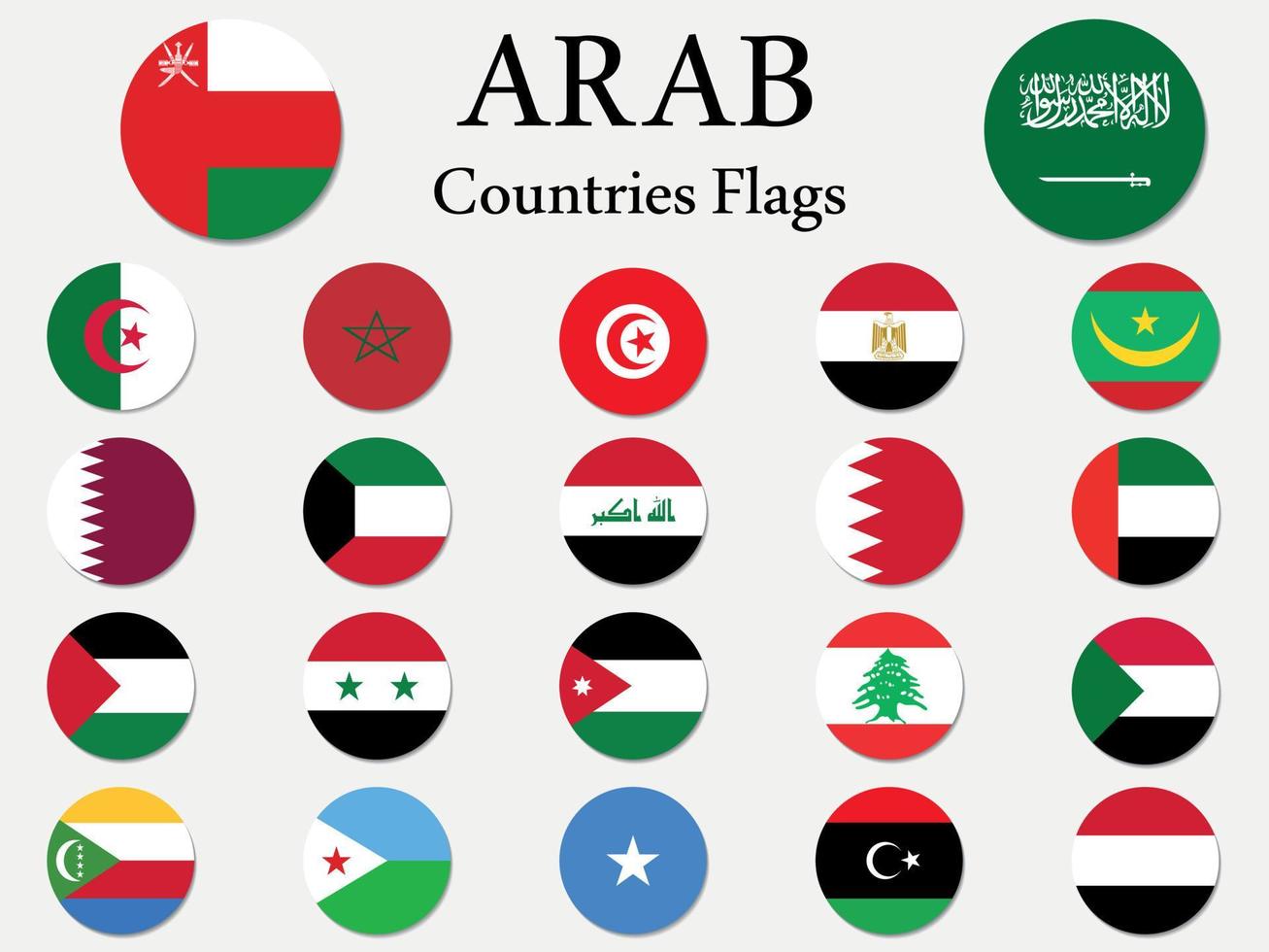 conjunto de banderas de iconos de países de la liga árabe, la colección de banderas de los 22 iconos redondos árabes. vector
