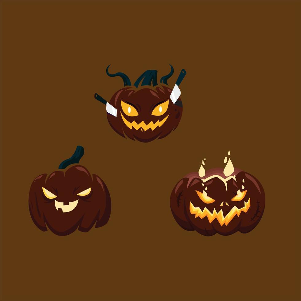 Lights in dark pumpkins with scary carved expression faces, halloween jack-o-lanterns black pumkin scarecrow eyes, cartoon ingenious vector illustration of halloween pumpkin. Glowing jack o lantern.