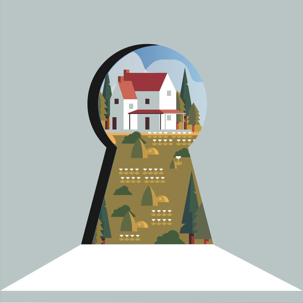 peek at the house through the keyhole, the lush yard with plants and cypress trees vector