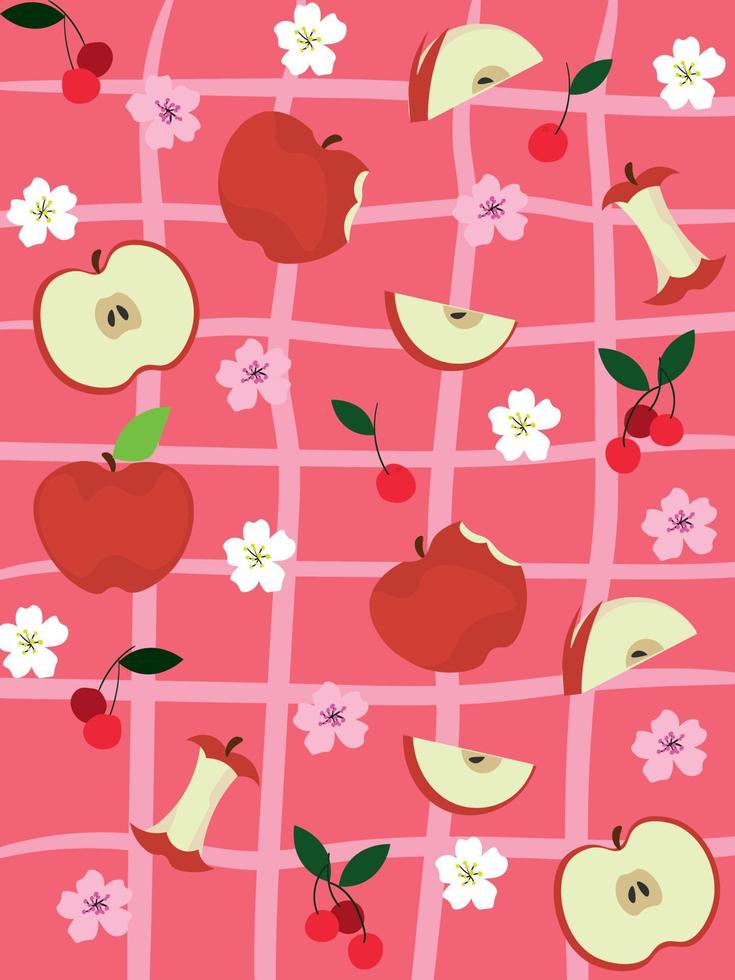 Apple Vector Half Cut Sliced Bitten, cherry and blossom flower seamless pattern