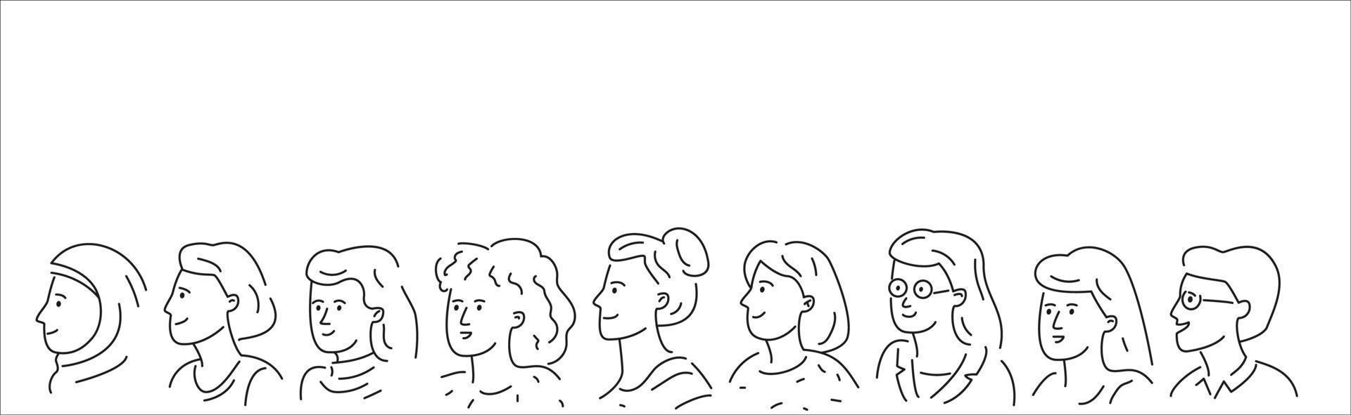 grupo dibujado a mano de diferentes mujeres. ilustración de vector de garabato de contorno.