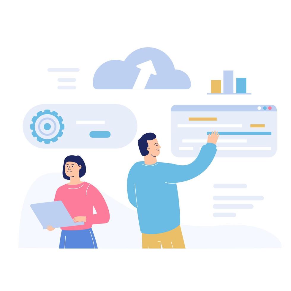 Support and maintenance of cloud systems. A man and a woman program and administer software. vector