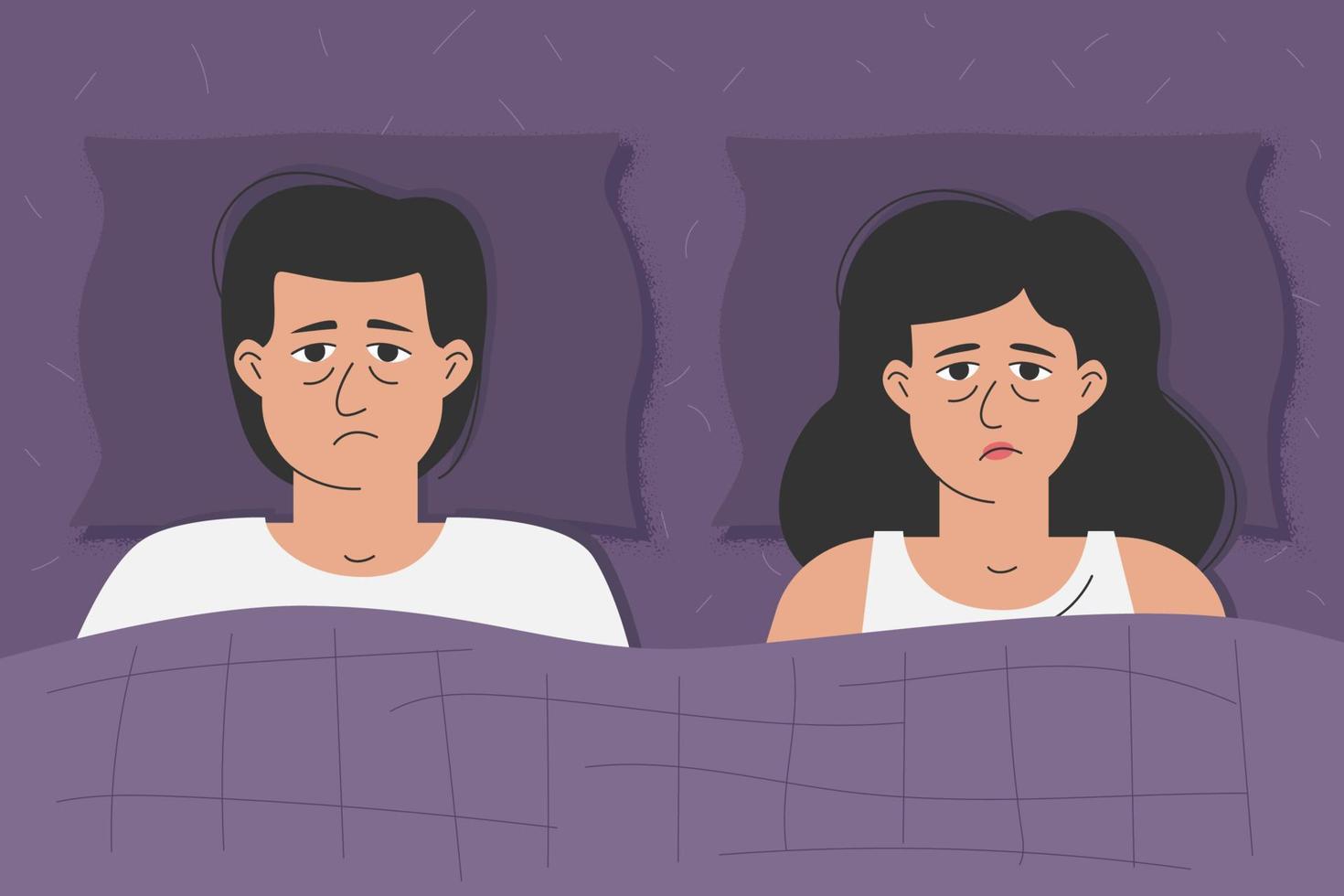 An unhappy man and a woman are lying in bed. The crisis of married life, problems between husband and wife. vector