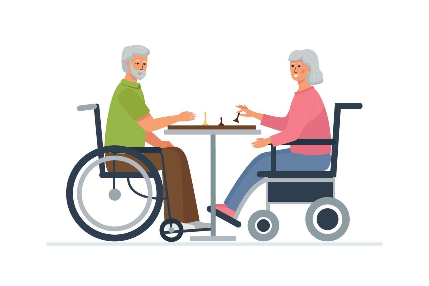 An elderly man and a woman in wheelchairs play chess. Pastime for the disabled. vector
