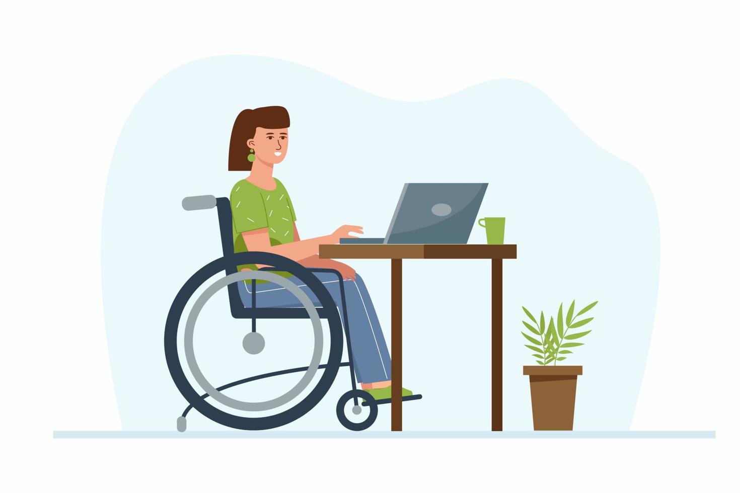 mujer discapacitada en trabajo remoto desde casa. una chica independiente en silla de ruedas está sentada con una computadora portátil. el concepto de empleo para personas con necesidades especiales. vector