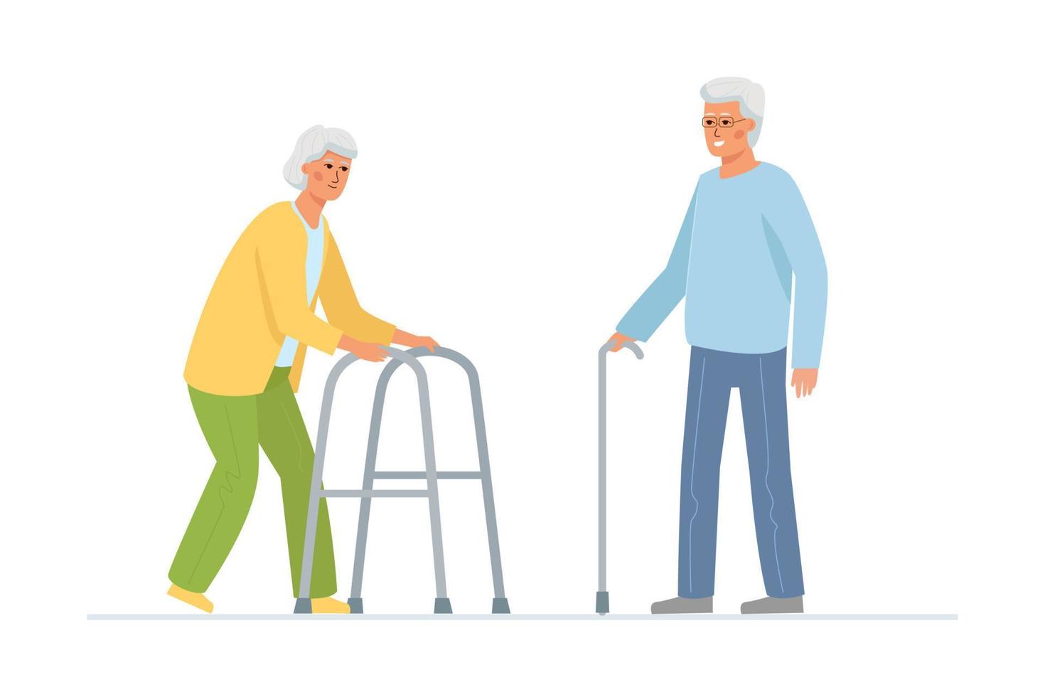 An elderly woman with a walker and a gray-haired man with a cane. Nursing home patients. vector