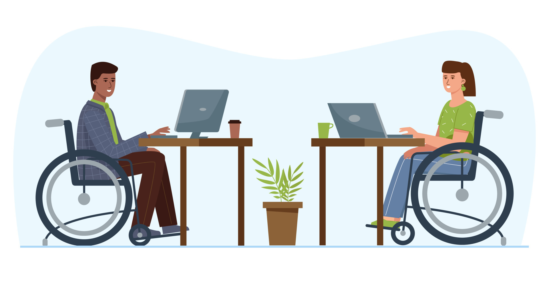 Disabled people work in the office. Available employment for people