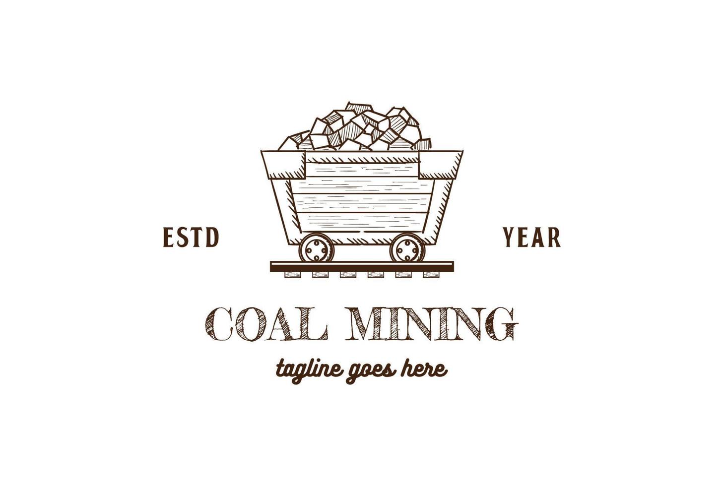 Vintage Retro Coal Mining Cart Wagon Logo Design Vector