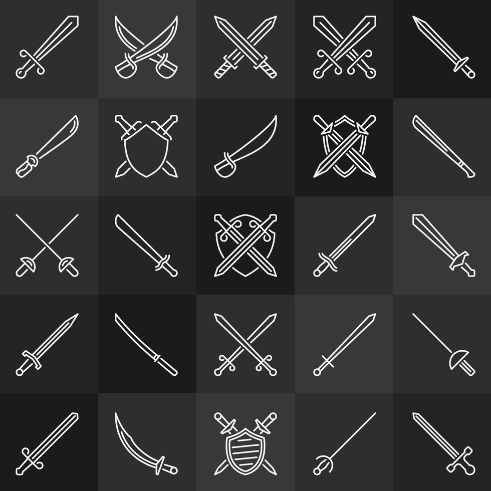 Shield and sword vector outline icons on dark background