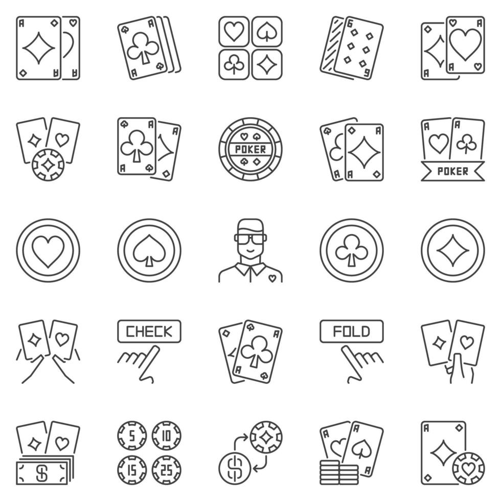 Poker outline icons set - vector Texas hold'em linear symbols