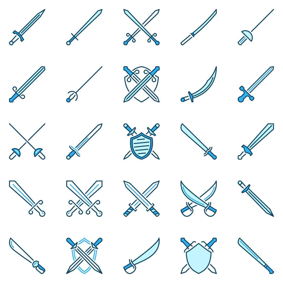 Sword creative icons. Vector crossed swords and shields signs