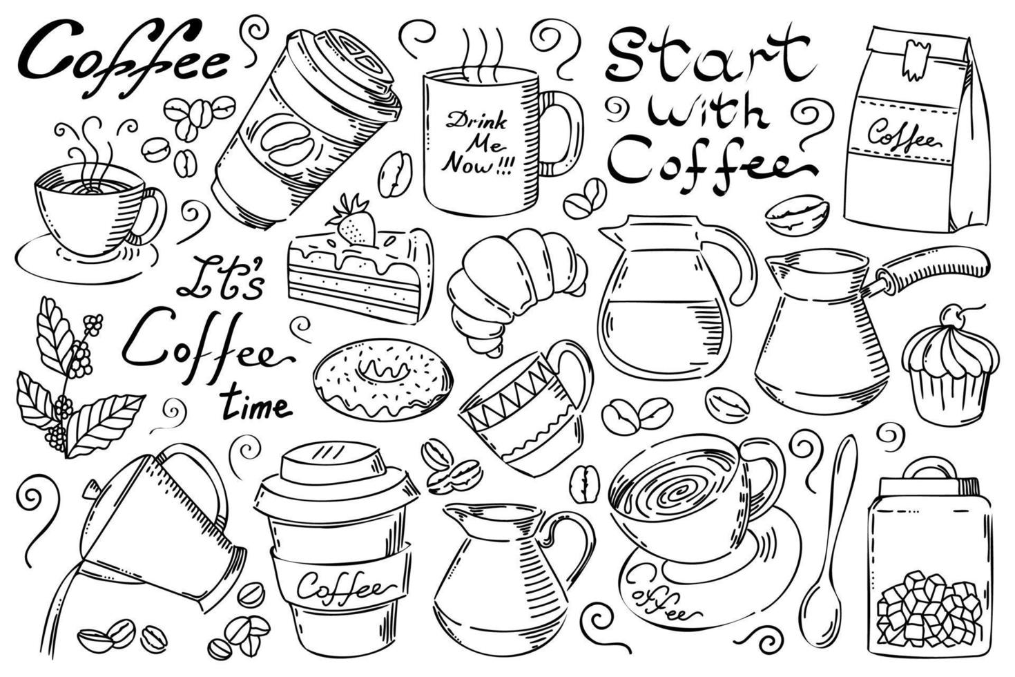 Coffee line art set. Outline coffee and dessert illustrations collection with black thin line. Hand drown illustrations for your design. vector