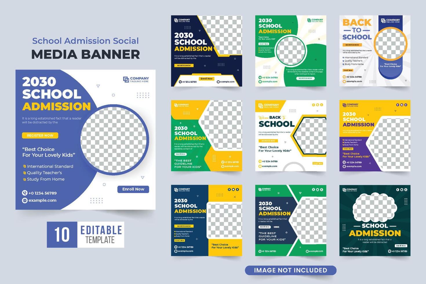 College registration and course promotion template bundle with dark and yellow colors. Back-to-school template collection vector with abstract shapes. School admission advertisement web banner set.