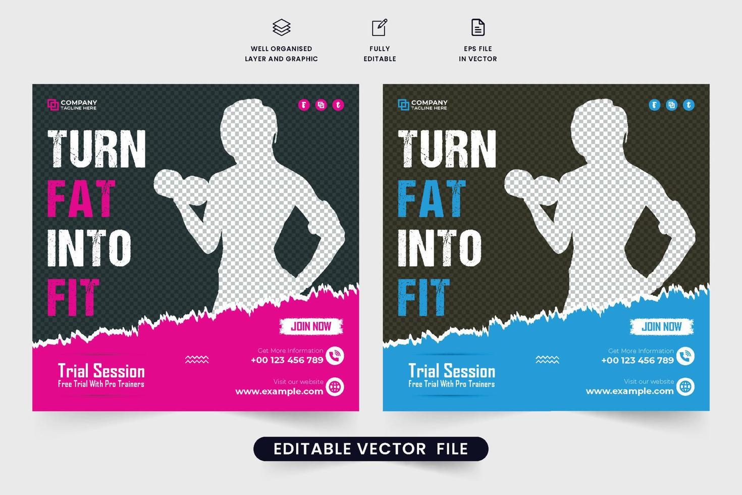 Fitness gym advertisement template for digital marketing. Gym business social media post vector with pink and blue colors. Gym workout session promotional web banner design with abstract shapes.