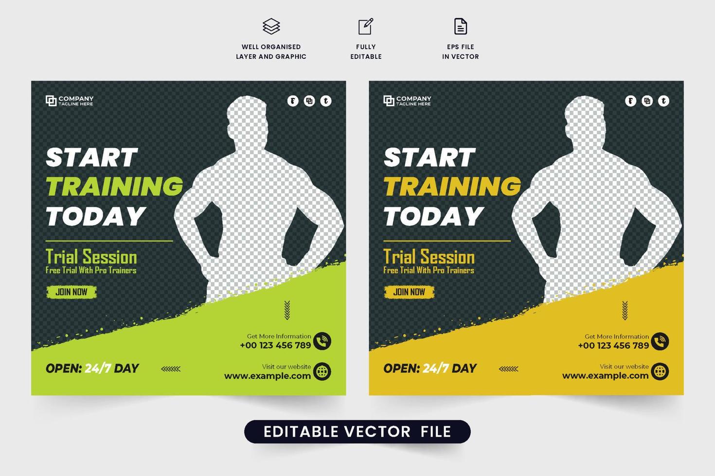 diseño moderno de afiches promocionales de negocios de gimnasios con marcadores de posición de fotos. las plantillas de oferta de descuento de sesión de entrenamiento de gimnasio con colores verde y amarillo. vector de publicación de redes sociales de gimnasio profesional