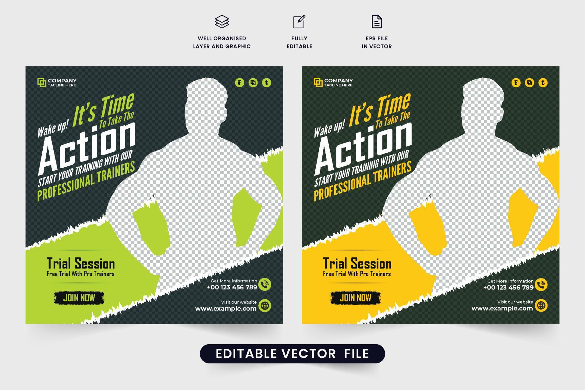 Gym training promotional template vector with green and yellow colors ...