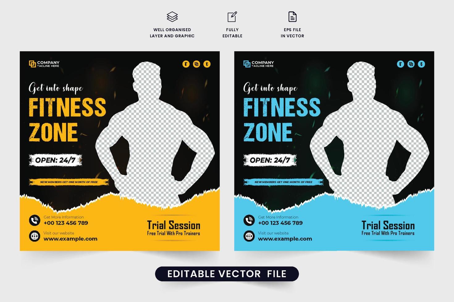 Gym promotional social media post design with photo placeholders. Gym business promotional poster vector with discount offers. Fitness gym advertisement template design with yellow and blue colors.