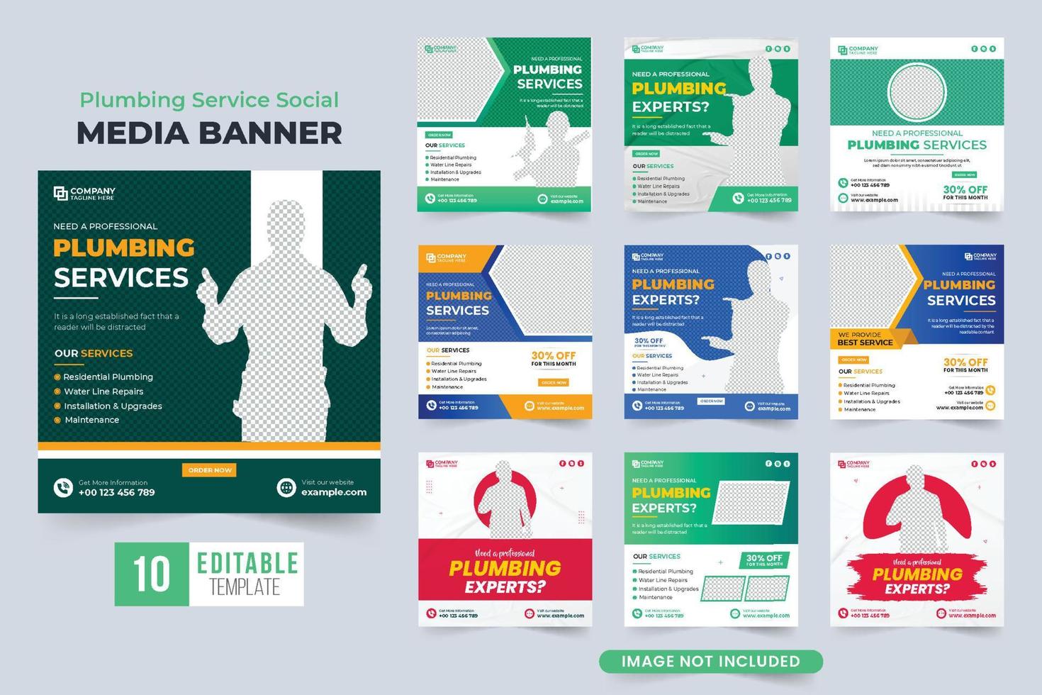 Corporate plumbing service social media post set vector. Plumber and handyman service web banner design collection with abstract shapes. Plumbing business commercial template bundle vector. vector