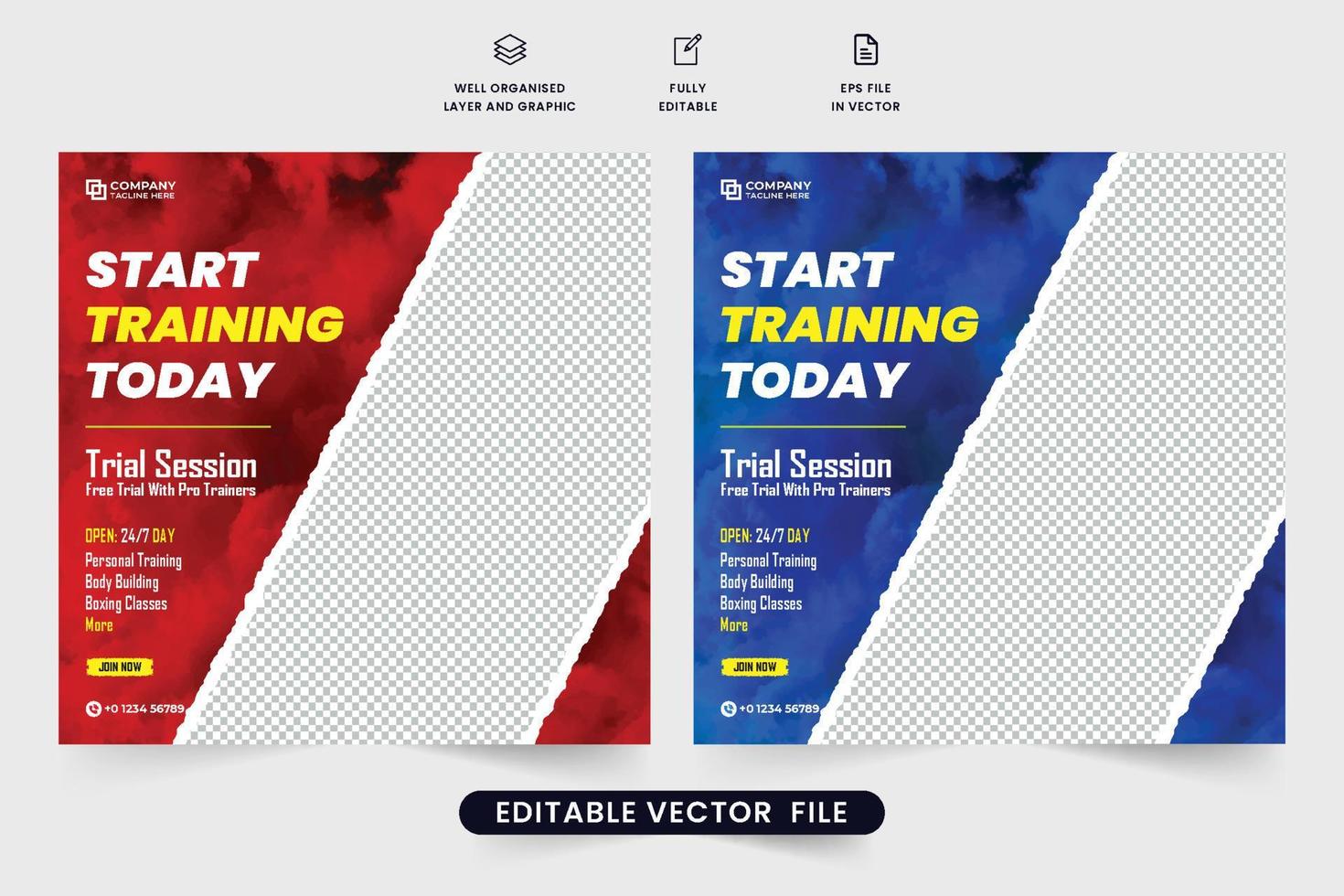 Fitness gym training social media post vector with blue and red colors. Professional gym business promotional web banner design with brush effect. Gym advertisement template with photo placeholders.