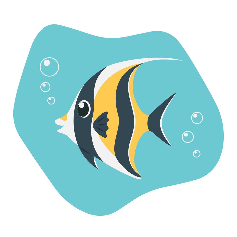 Cute Cartoon Striped Moorish Idol or Zanclus Cornutus with Bubbles vector
