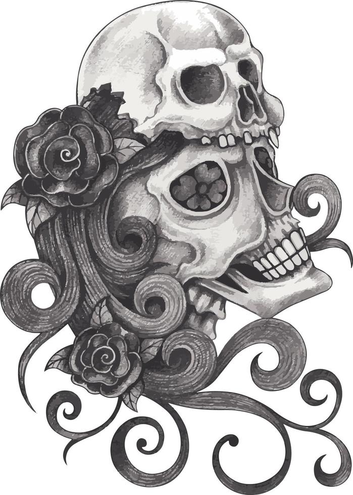 Art fantasy skull tattoo. Hand drawing and make geaphic vector. vector