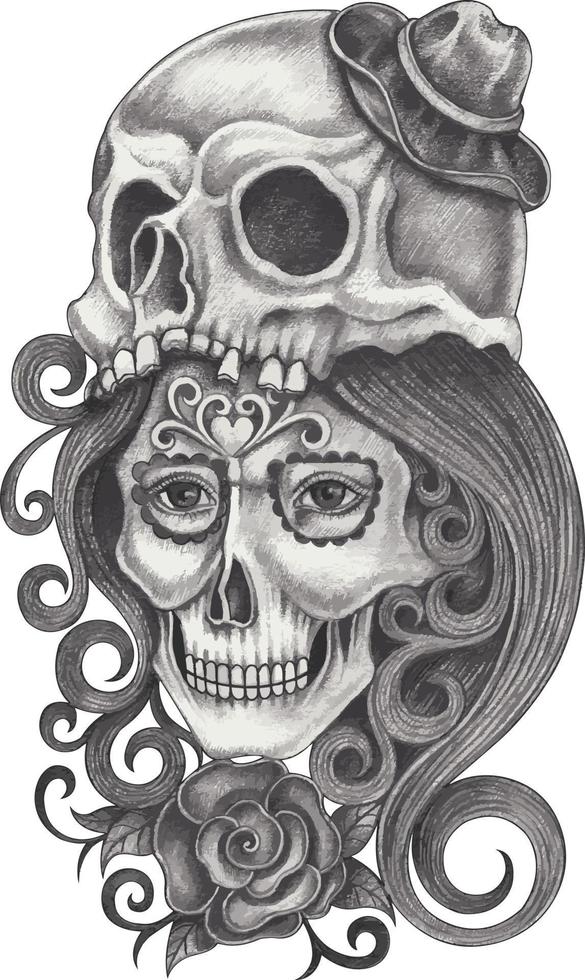 Art surreal skull tattoo. Hand drawing and make graphic vector. vector